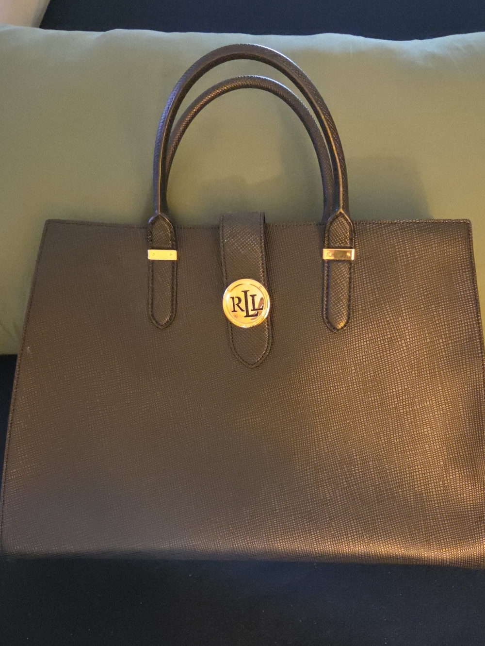 Lauren Ralph Lauren Lizard-Embossed Leather Satchel Tote Bag – Black / Gold Hard